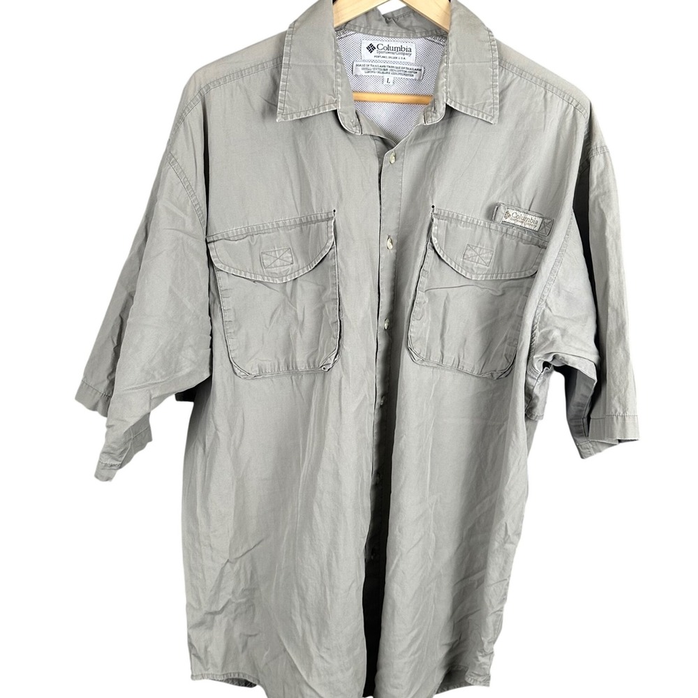 Columbia PFG Mens Large Sage Grey Short Sleeve Ventilated Fishing Shirt Cotton